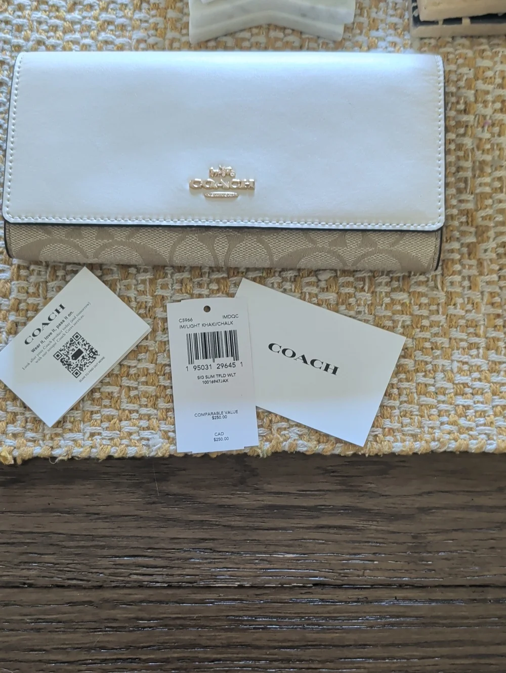 Coach Cream Leather, Tan Signature Trim Flap Wallet